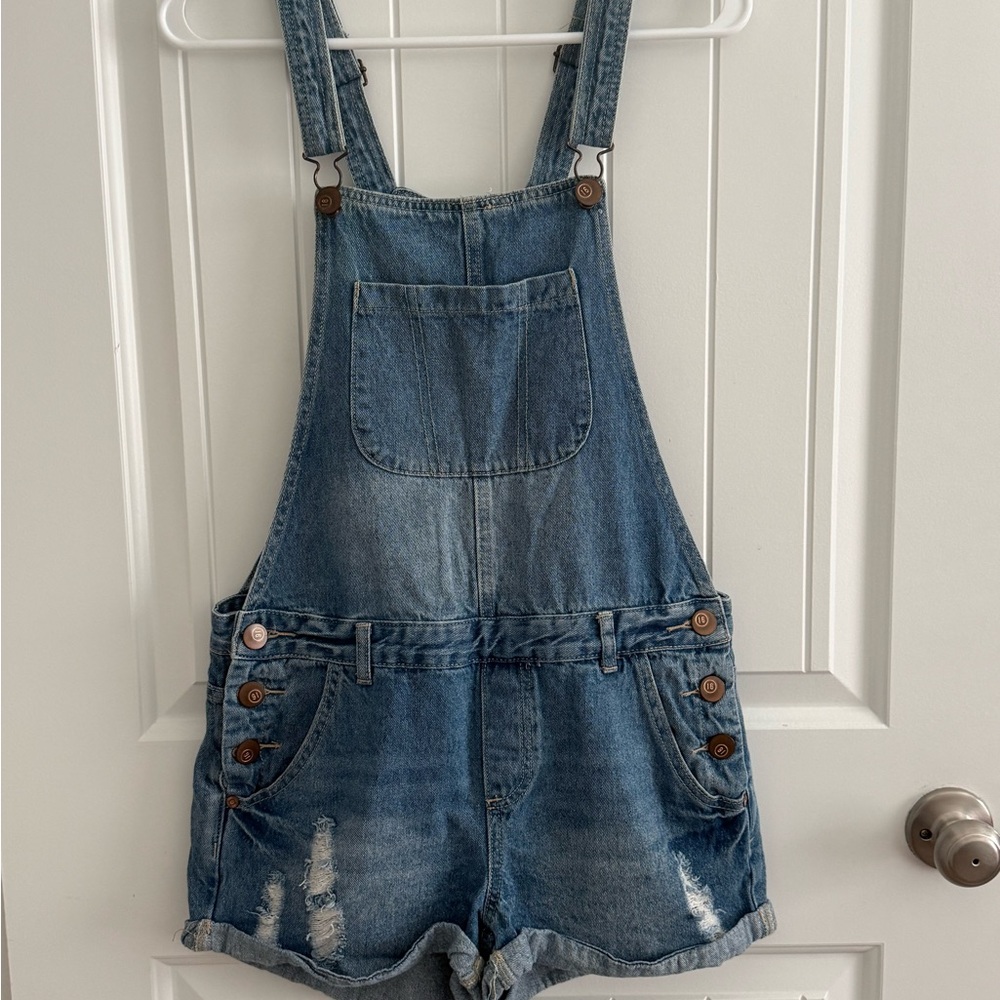 Denim Blue Overalls with Distressed Details